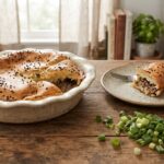 Beef meat pie with ground beef, green onions and mozzarella