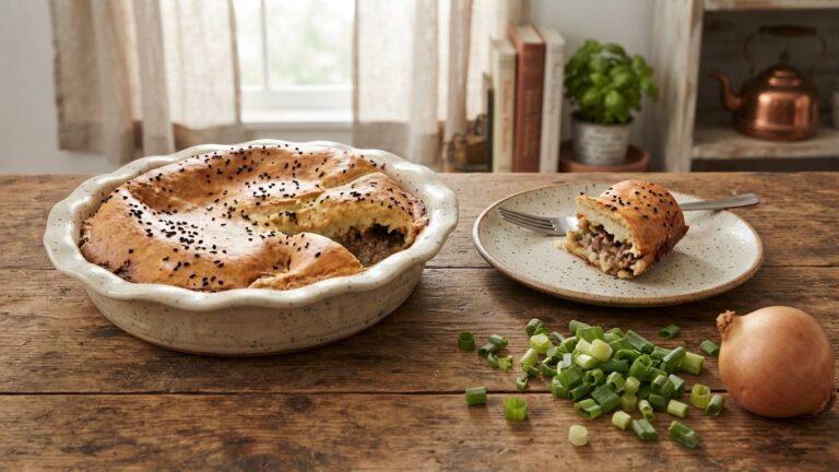 Beef meat pie with ground beef, green onions and mozzarella
