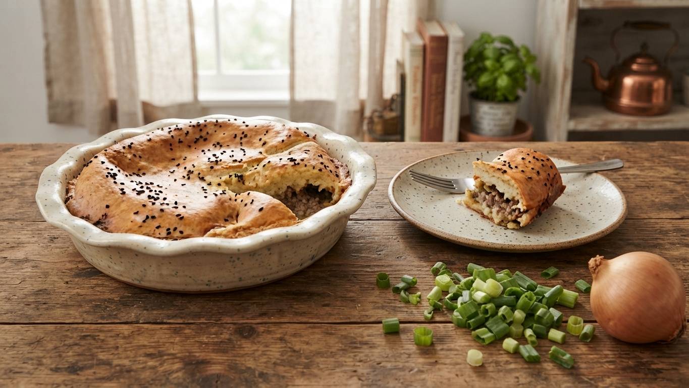 Beef meat pie with ground beef, green onions and mozzarella